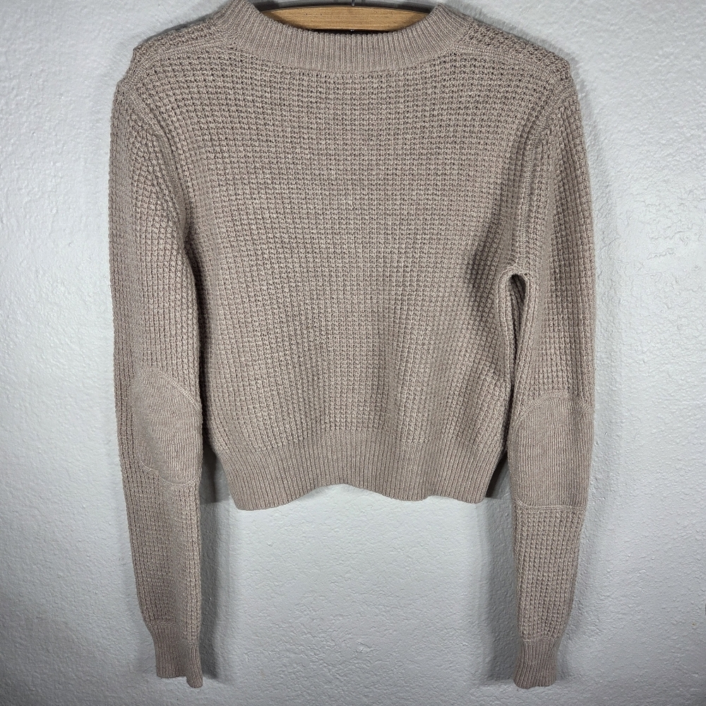 BCBG Maxazria Tan Waffle Knit Sweater M Long Sleeve Cropped Wool Cashmere - Picture 2 of 16